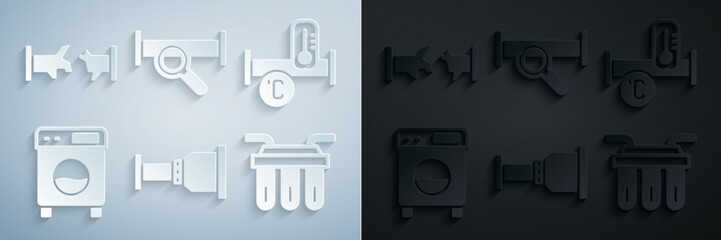 Set Pipe adapter, Industry metallic pipe, Washer, Water filter, and Broken icon. Vector