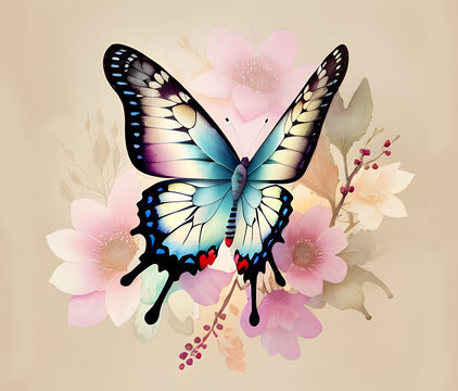 A beautiful, bright butterfly on a bouquet of flowers. Watercolor technique. Generative AI.