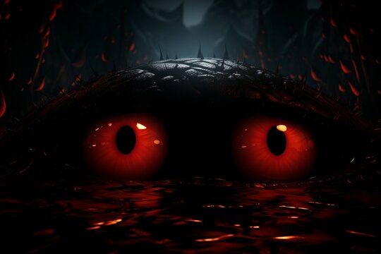 Haunting perspective 3D Halloween background emphasizes malevolent red eyes for spine tingling effect Generative AI