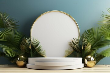 Luxe presentation 3D mockup of white gold podium adorned with palm leaves Generative AI