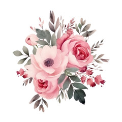 Watercolors pink flower bouquets leaf branches isolated