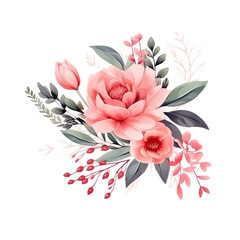 Watercolors pink flower bouquets leaf branches isolated