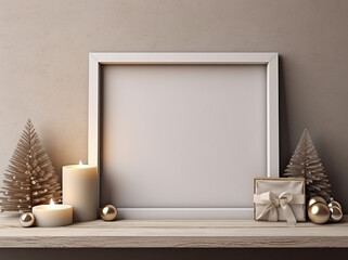 Christmas decoration with empty frame and candles on a shelf