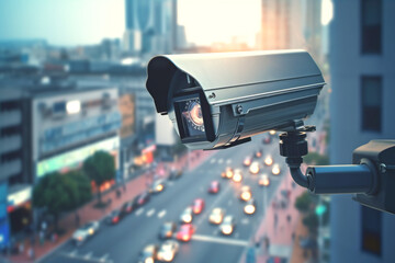 Outdoor surveillance camera on the street with office buildings. CCTV, security camera and face recognition people traffic. Technology in smart city. Generative AI - obrazy, fototapety, plakaty