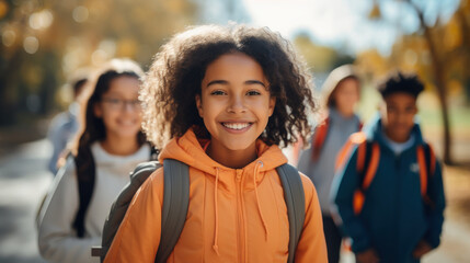 A multiracial group of children return home after school.
