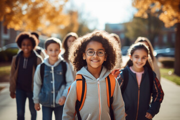 Friendship in Motion: Diverse Multietnic Group of Children Walk Together After School.