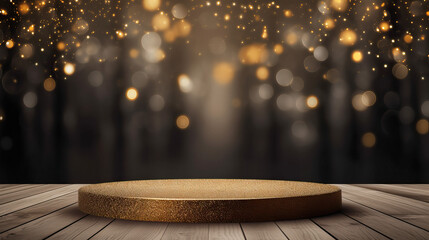 A circular golden glitter podium centered on a wooden floor, with a backdrop of bokeh lights creating a magical or festive atmosphere - obrazy, fototapety, plakaty