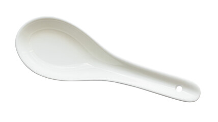 top view of white ceramic soup spoon cutout on white background - obrazy, fototapety, plakaty