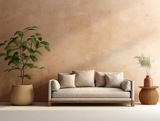 A minimalist living room setup with a white sofa adorned with several pillows, placed against a orange wall. To the left of the sofa, mockup, copy space