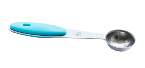 steel measuring tea spoon for 5 ml of volume with blue plastic handle cutout on white background