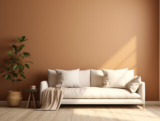 A minimalist living room setup with a white sofa adorned with several pillows, placed against a orange wall. To the left of the sofa, mockup, copy space