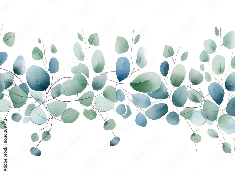 Poster Watercolor eucalyptus leaves border isolated.