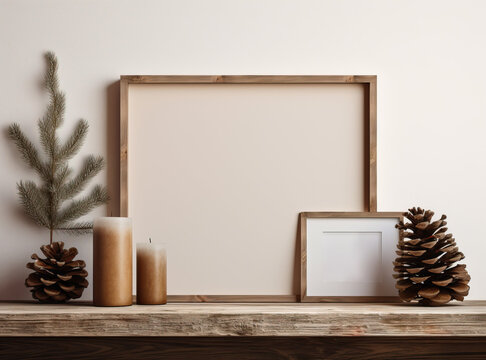Wooden frame mockup with christmas decoration