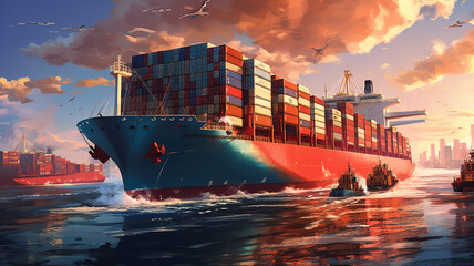 Illustration of Aerial view container cargo ship. Business concept. Generative AI - obrazy, fototapety, plakaty