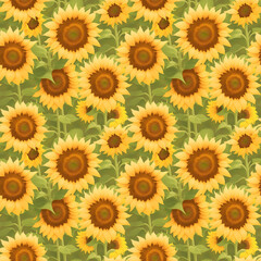 Sunflowers and leaves seamless pattern. Seamless pattern with watercolor of sunflowers. Seamless floral pattern, Design for carpet, mat, rug, shawl. Floral template Illustration. Wallpaper pattern.