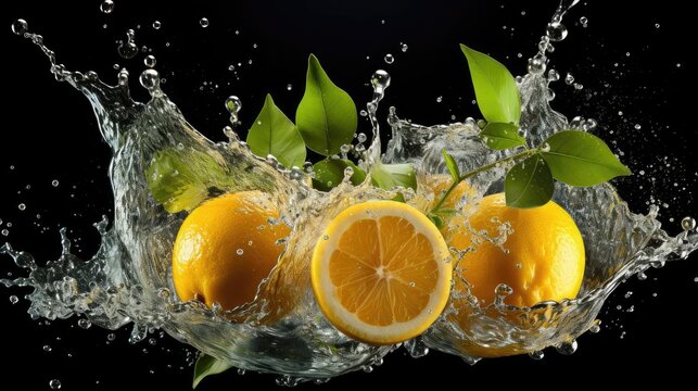 fresh yellow lemon splashed with water on black and blurred background