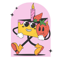 Groovy retro piece of cake holds strawberries. Character cartoon funny cake. Isolated desserts food in retro nostalgic style