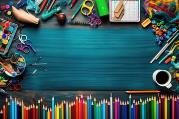 School and office supplies on wooden background. Back to school concept.