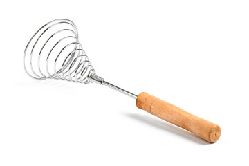 Close-up of old retro whisk kitchen tool on white background. Side view.
