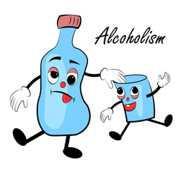 Alcoholism. Drunk bottle and glass. Vector illustration in doodle style.