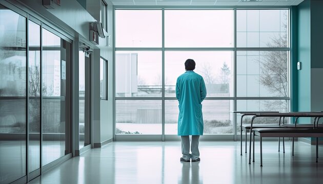 Back View Of A Young Male Doctor Standing In Hospital Corridor Looking Out The Window