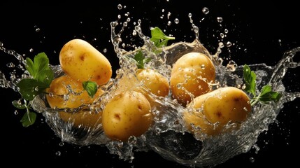 fresh potatoes splashed with water on black and blurred background