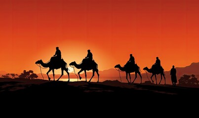 Three wise men on camels in the desert