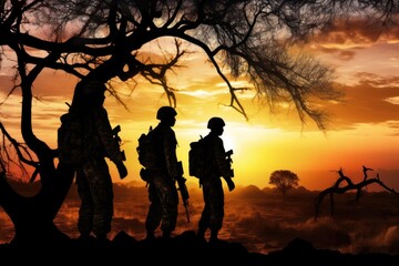 Obraz premium Silhouette of soldiers in the jungle at sunset