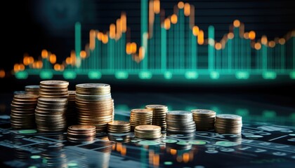 Stacks of coins money for finance and banking concept, Money coin stack growing graph with stock market chart background.