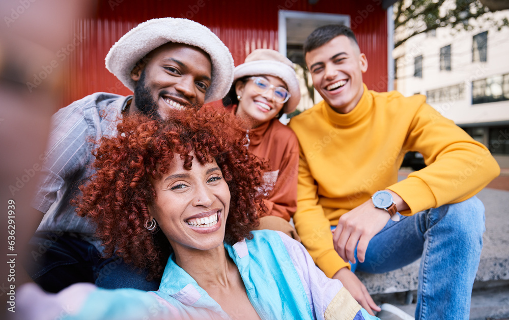 Sticker Friends, selfie and urban city with happy, gen z and smile of university students for social media. Profile picture, portrait and diversity of young people on a street on vacation with trendy fashion