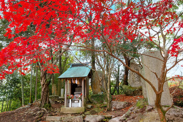 Fukuoka, Japan - Nov 30 2022: Homangu Kamado shrine located at Mt. Homan, venerated from ancient times as a sacred mountain, the shrine probably the inspiration for Kimetsu no Yaiba: Demon Slayer
