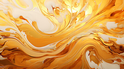 Visualize a captivating piece of digital art where radiant gold acrylic paint elegantly descends upon a resplendent golden background, creating a mesmerizing flow of liquid as it d  - obrazy, fototapety, plakaty