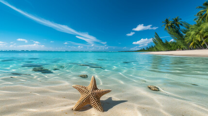 Imagine a panoramic seascape that captures the essence of a summer vacation in a tropical paradise. Picture a close-up view of a starfish resting on the sandy beach, surrounded by  - obrazy, fototapety, plakaty