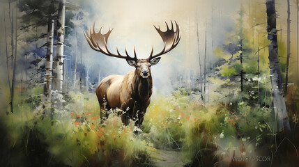 Naklejka na ściany i meble This visual tableau captures the essence of the forest's inhabitants, from the proud and imposing moose to the delicate and endearing fawns. The scene transports viewers into the h 