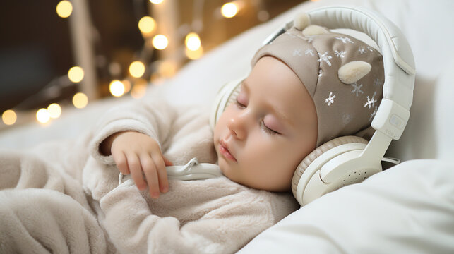 Imagine a detailed view capturing the adorable sight of a peacefully sleeping newborn baby, snugly nestled in headphones, blissfully immersed in the soothing melodies of relaxing m 