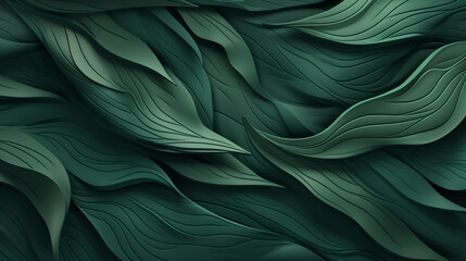 Illustration of an organic and abstract backdrop with waving dark green leaves. This textured pattern forms a seamless design, perfect for banners or illustrations. 