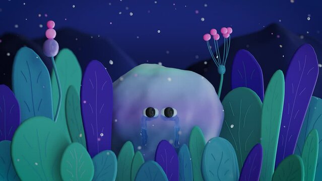 Abstract cartoon character in form of cloud crying in night forest. Child is lost and looking for his mother. 3d render, 4k video.