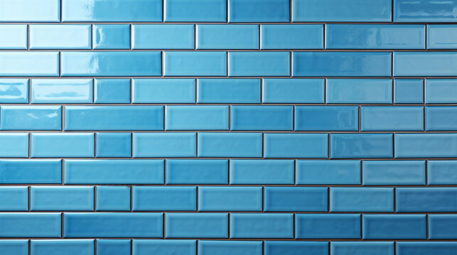 A wide tile background banner panorama featuring a texture of blue light brick subway tiles on a ceramic wall. The design creates a seamless pattern that adds visual appeal and dep 