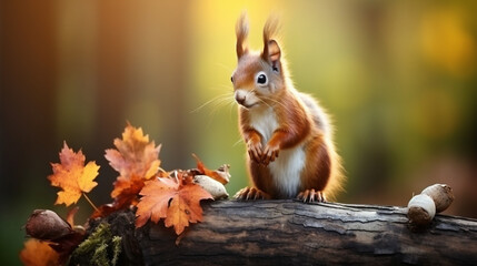 Naklejka premium Wildlife backdrop - Adorable red squirrel (Sciurus vulgaris) perched on a stump within a forest, holding a hazelnut in its natural habitat on a sunny autumn morning. 