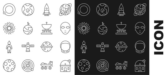 Set line Astronomical observatory, Astronaut helmet, Alien, Rocket ship, Moon with flag, Black hole, Satellites orbiting the planet Earth and Planet Saturn icon. Vector