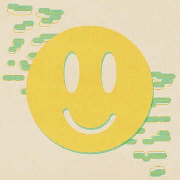 Smiley face 90ties vibes illustration in riso risograph and silk screen printing style with geometric background elements.