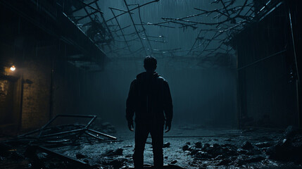 A person is standing in a gloomy and scary room with low lighting. A dark illustration in the spirit of dark thrillers