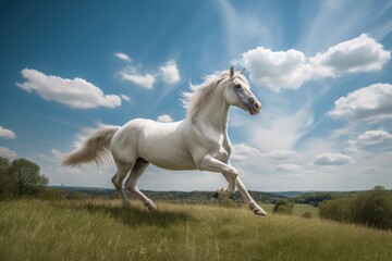 Obraz na płótnie Canvas Winged horse on vast plain, blue sky. Majestic and free., generative IA