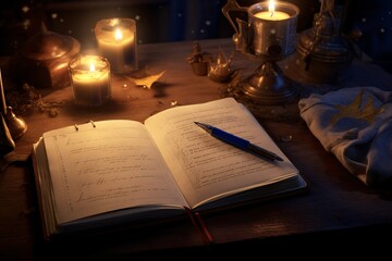 Open old magical notebook or book with notation. Old work table with candles in the background. 3d...