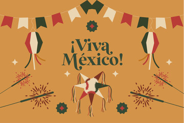 Invitación para celebrar 15 de septiembre, grito de independencia ¡Viva México!, fiesta mexicana con decoraciones tradicionales y comida mexicana
