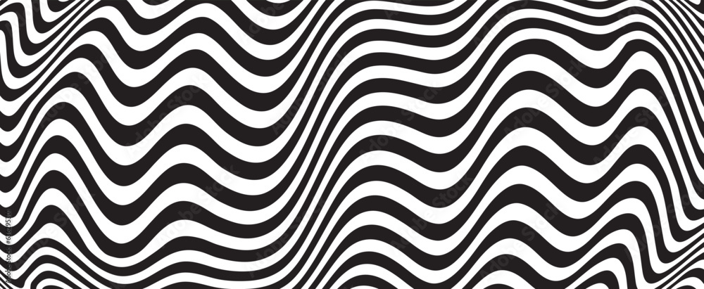 Poster Background with wavy lines. Twisted duo tone backgrounds. Abstract pattern from lines, halftone effect. Black and white texture. Minimalist design template for poster, banner, cover, postcard.	