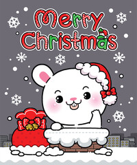 Cute Baby Rabbit in Santa Claus Costume, Stuck in the chimney with gifts, in city at night with snow falling on Christmas eve. Cartoon Kawaii Style