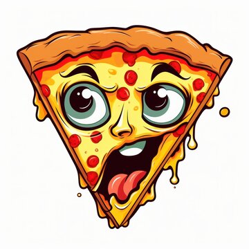 Slice of pizza with eyes and mouth cartoon style. AI generated
