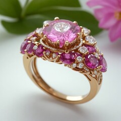 Glamour in Gold: A Mesmerizing Dance of Diamonds and Delicate Pink Stones on a Radiant Ring