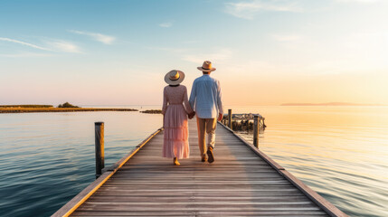 an elderly couple hold hands and walk on a jetty to the sea on summer vacation.